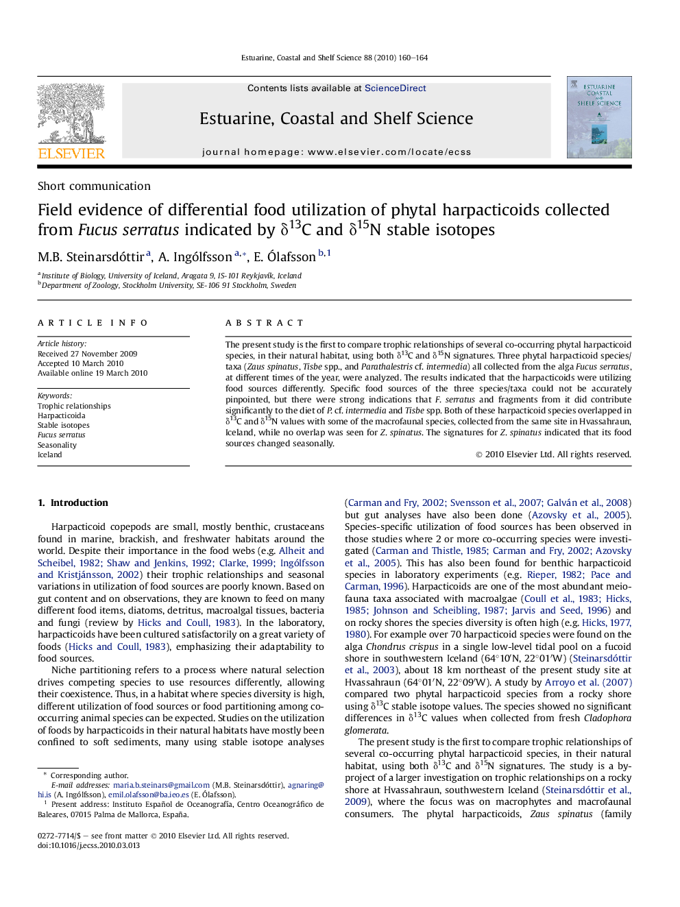 Field evidence of differential food utilization of phytal harpacticoids collected from Fucus serratus indicated by δ13C and δ15N stable isotopes