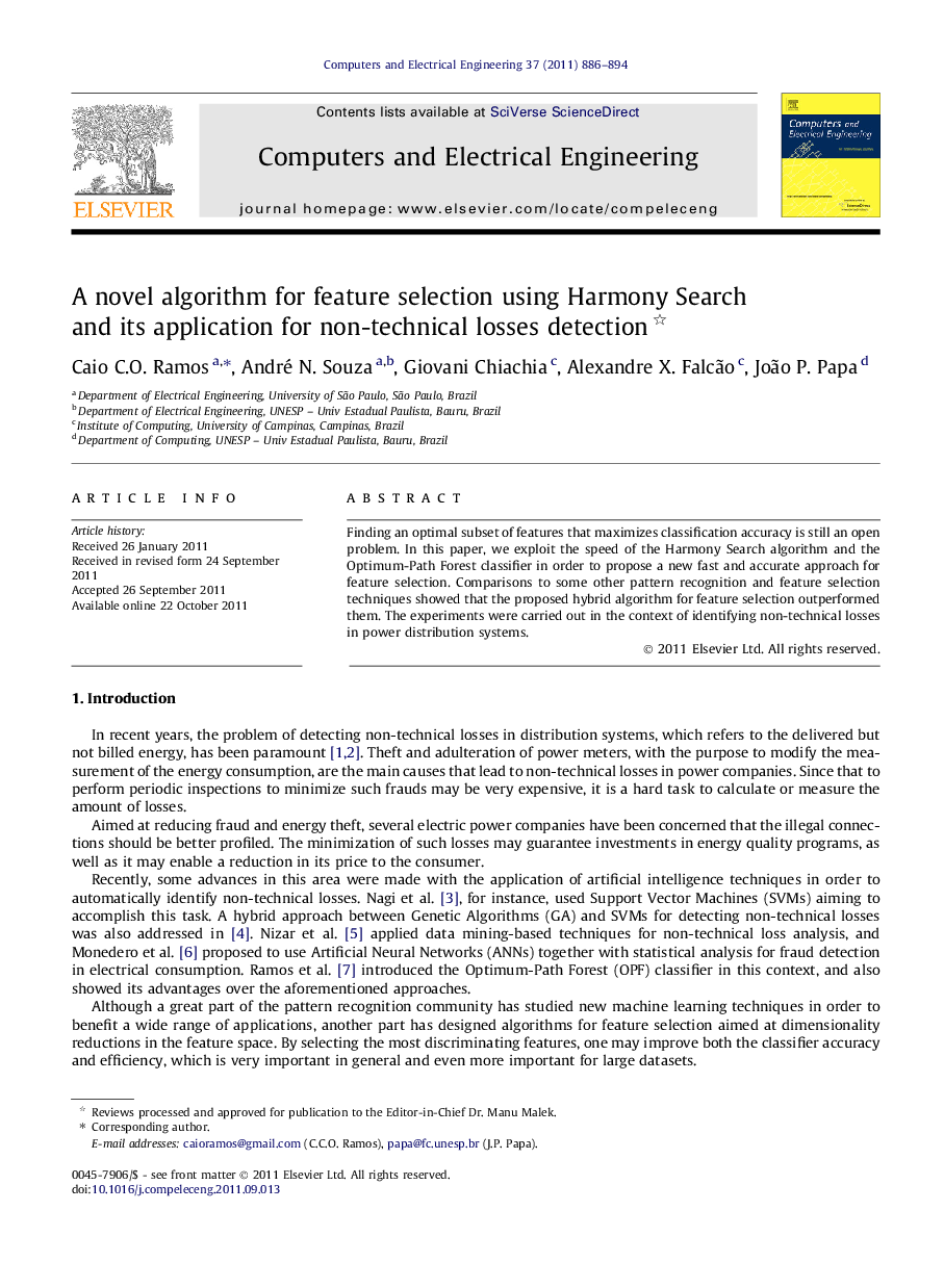 A novel algorithm for feature selection using Harmony Search and its application for non-technical losses detection 