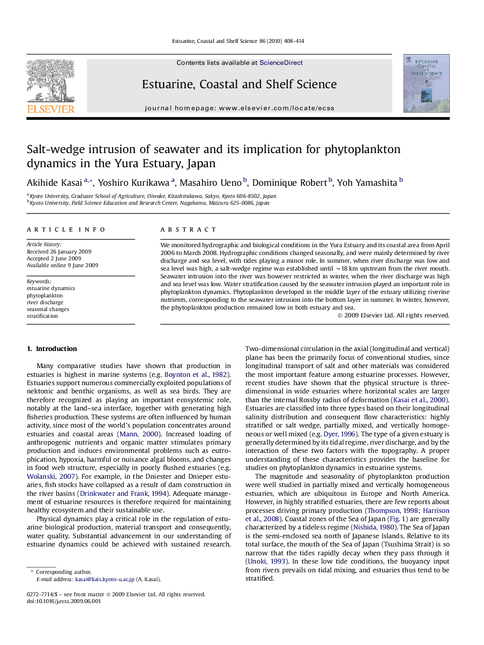 Salt-wedge intrusion of seawater and its implication for phytoplankton dynamics in the Yura Estuary, Japan