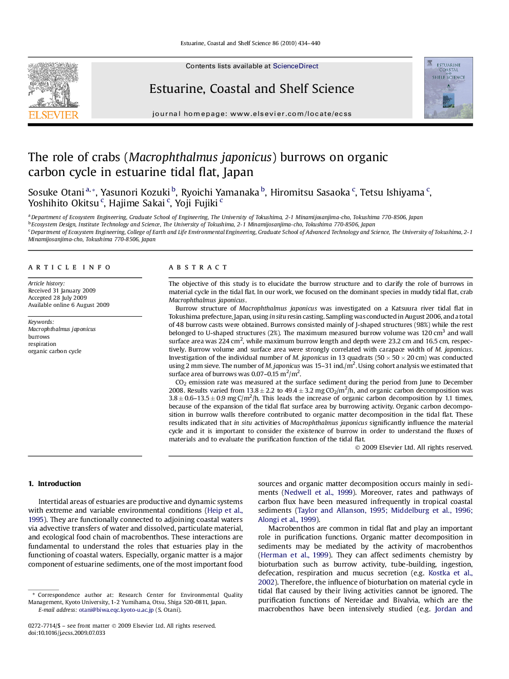 The role of crabs (Macrophthalmus japonicus) burrows on organic carbon cycle in estuarine tidal flat, Japan