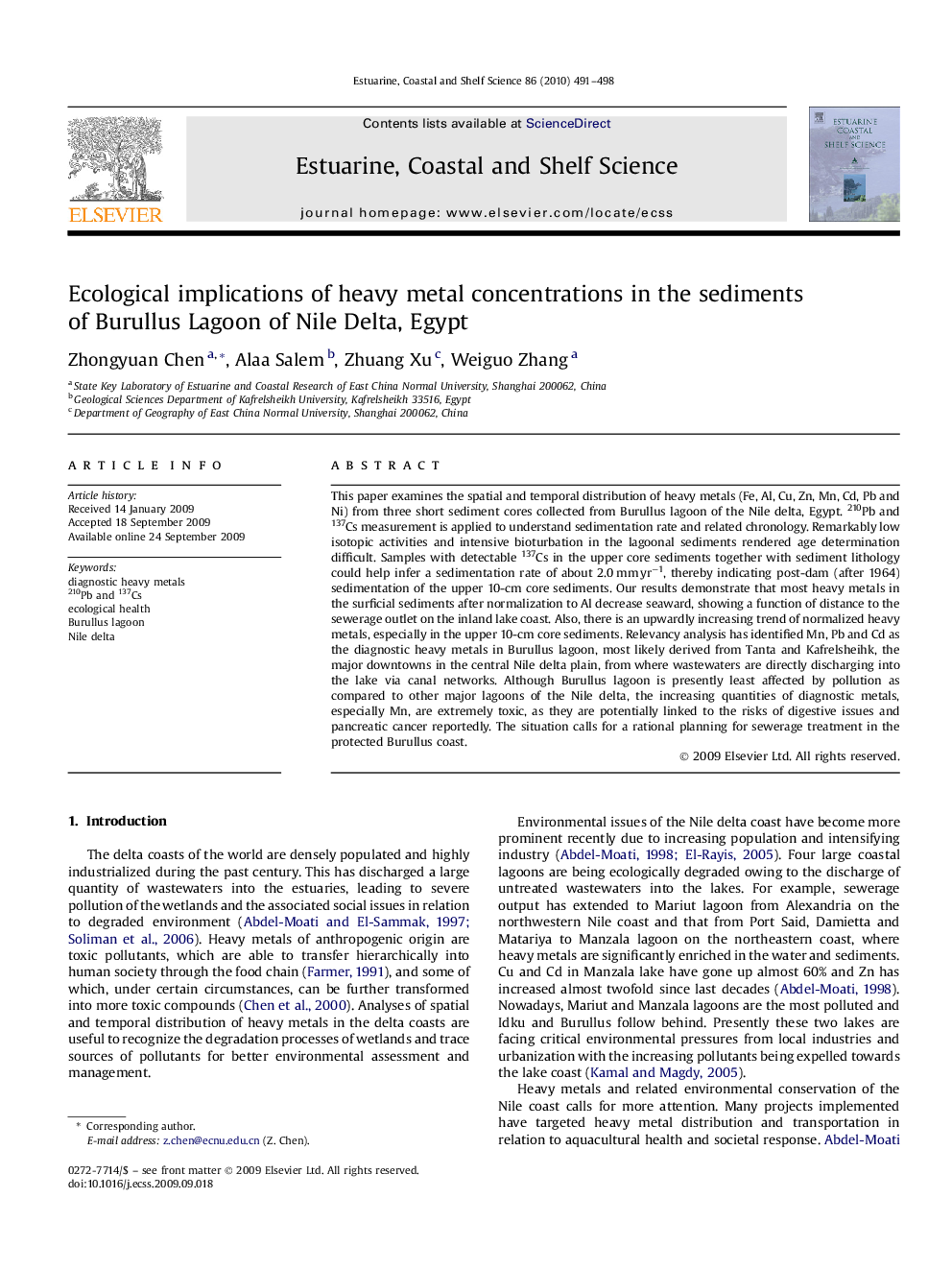 Ecological implications of heavy metal concentrations in the sediments of Burullus Lagoon of Nile Delta, Egypt