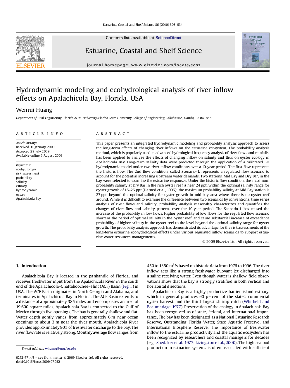 Hydrodynamic modeling and ecohydrological analysis of river inflow effects on Apalachicola Bay, Florida, USA