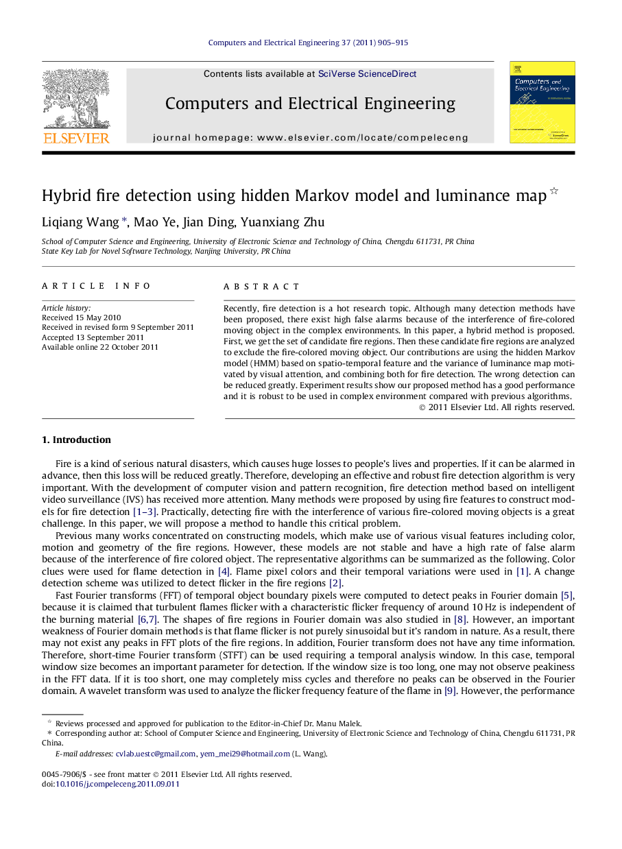Hybrid fire detection using hidden Markov model and luminance map 