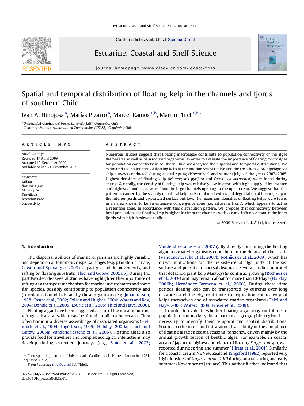 Spatial and temporal distribution of floating kelp in the channels and fjords of southern Chile