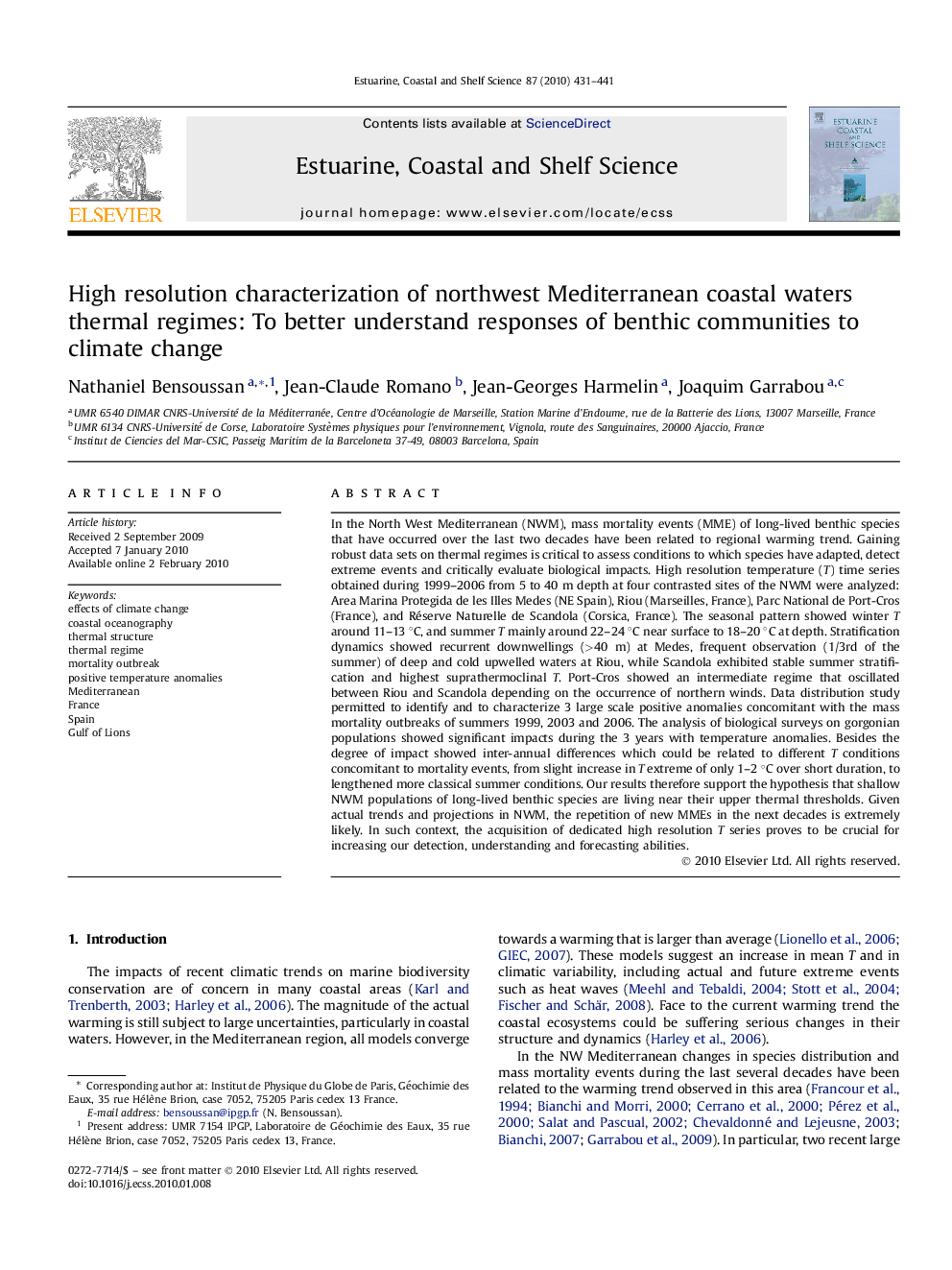 عکس صفحه اول مقاله: High resolution characterization of northwest Mediterranean coastal waters thermal regimes: To better understand responses of benthic communities to climate change High resolution characterization of northwest Mediterranean coastal waters thermal regimes: To better understand responses of benthic communities to climate change