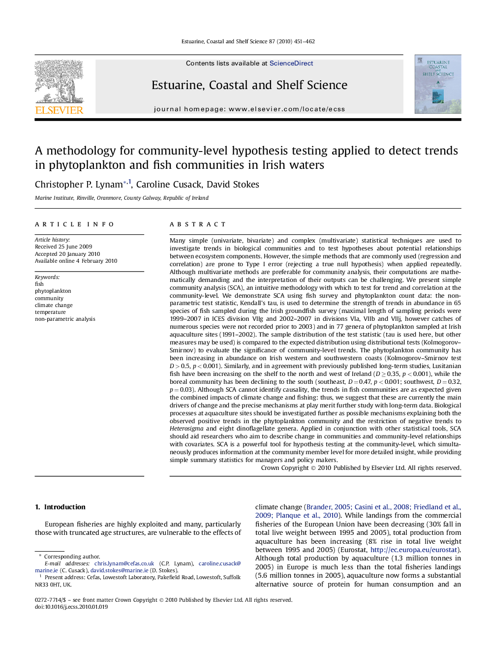 A methodology for community-level hypothesis testing applied to detect trends in phytoplankton and fish communities in Irish waters