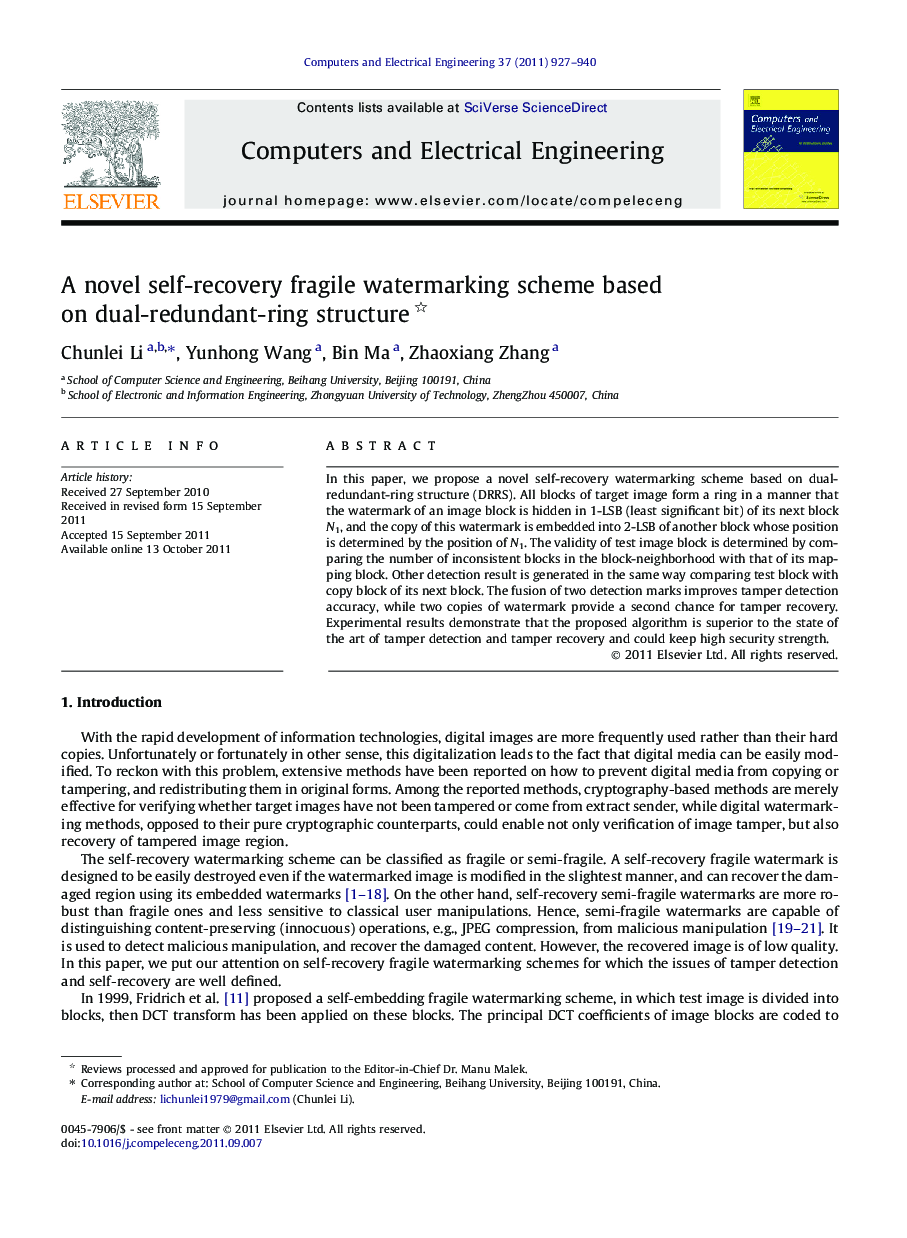 A novel self-recovery fragile watermarking scheme based on dual-redundant-ring structure 