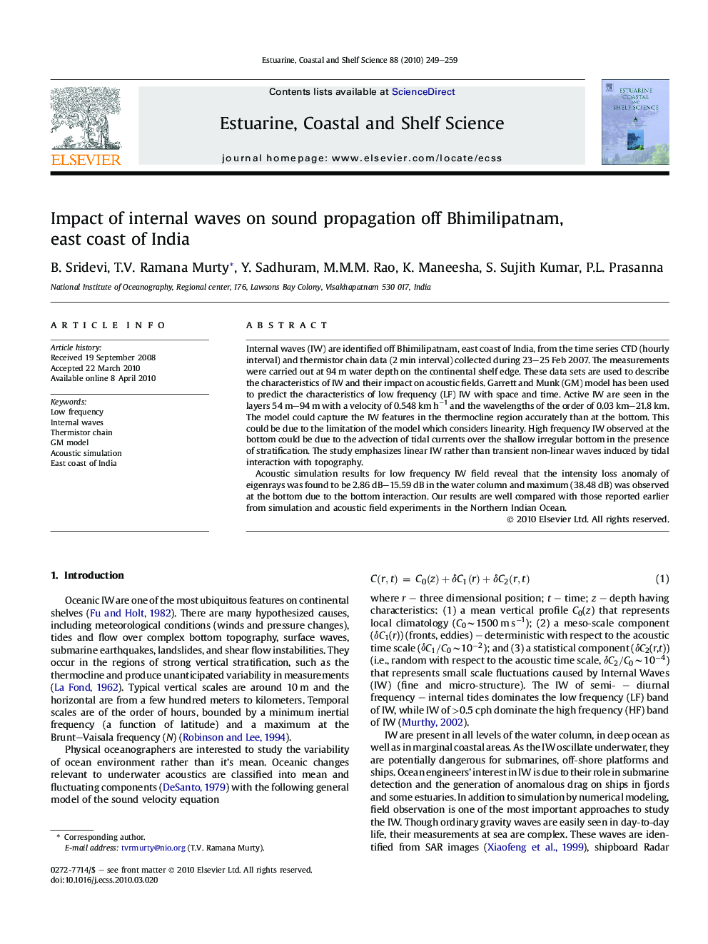 Impact of internal waves on sound propagation off Bhimilipatnam, east coast of India