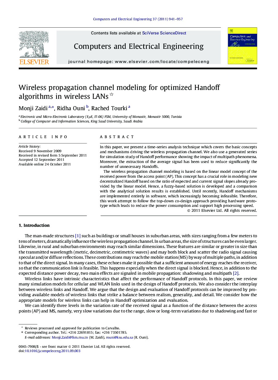Wireless propagation channel modeling for optimized Handoff algorithms in wireless LANs 