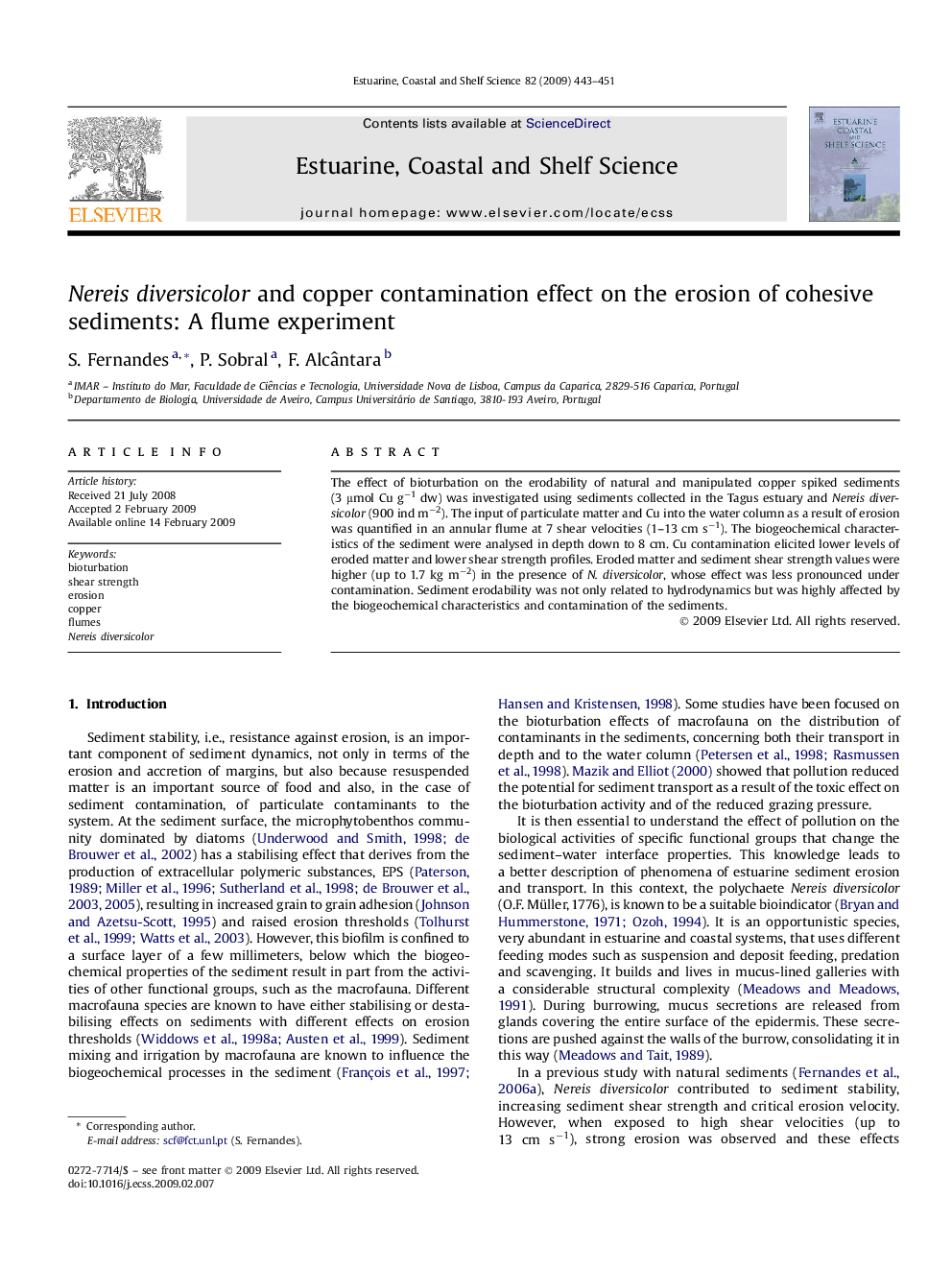 Nereis diversicolor and copper contamination effect on the erosion of cohesive sediments: A flume experiment