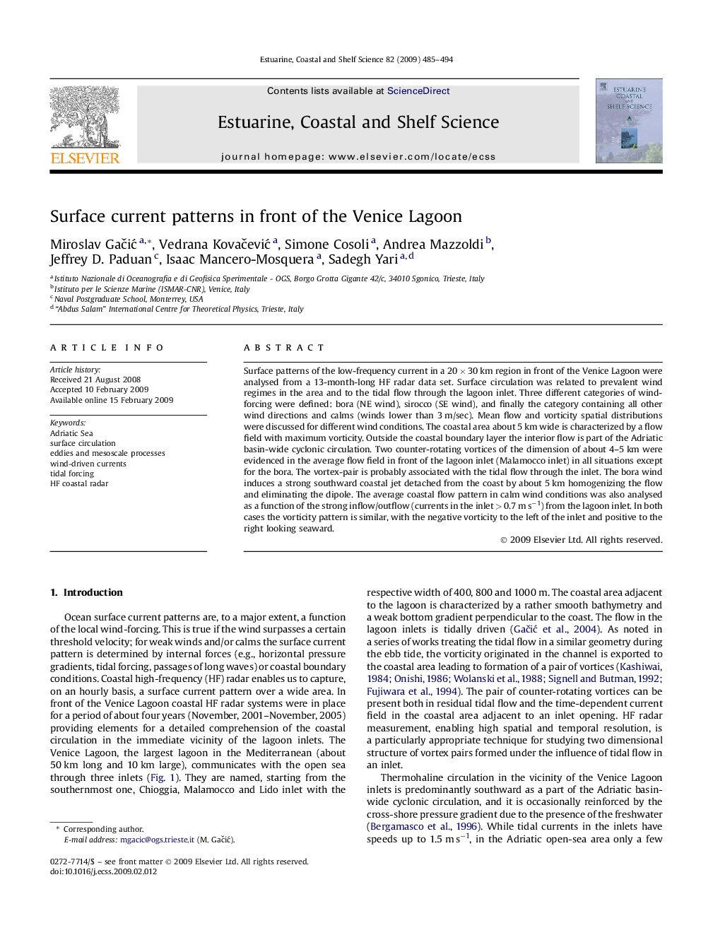 Surface current patterns in front of the Venice Lagoon