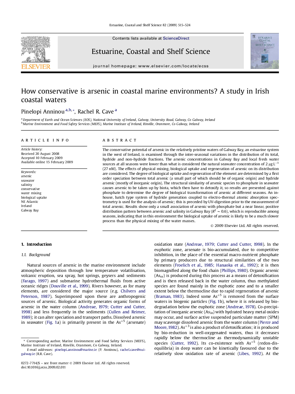 How conservative is arsenic in coastal marine environments? A study in Irish coastal waters