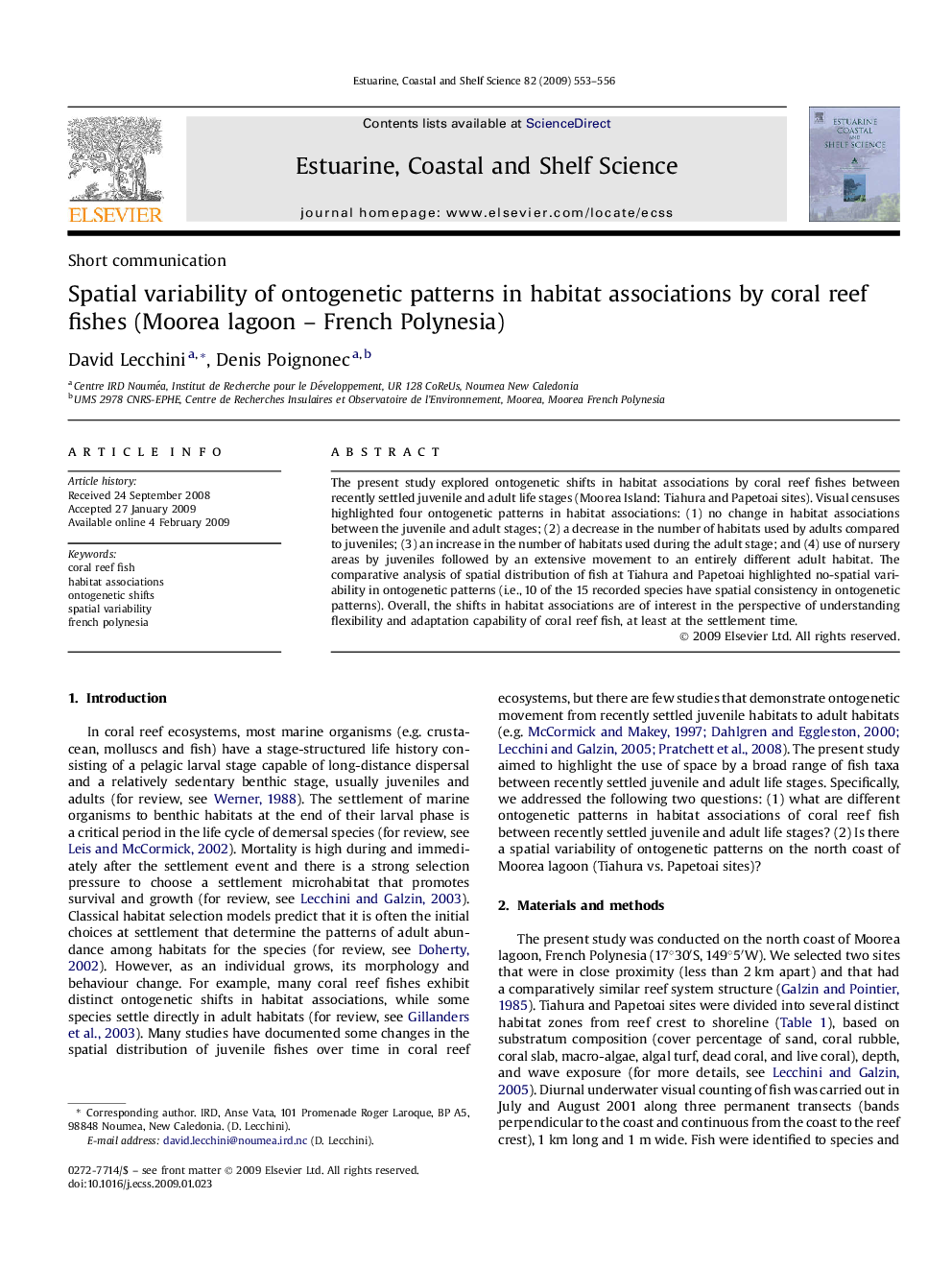 Spatial variability of ontogenetic patterns in habitat associations by coral reef fishes (Moorea lagoon – French Polynesia)