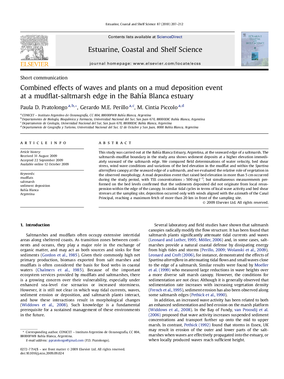 Combined effects of waves and plants on a mud deposition event at a mudflat-saltmarsh edge in the Bahía Blanca estuary