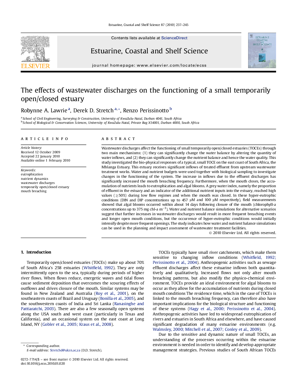 The effects of wastewater discharges on the functioning of a small temporarily open/closed estuary