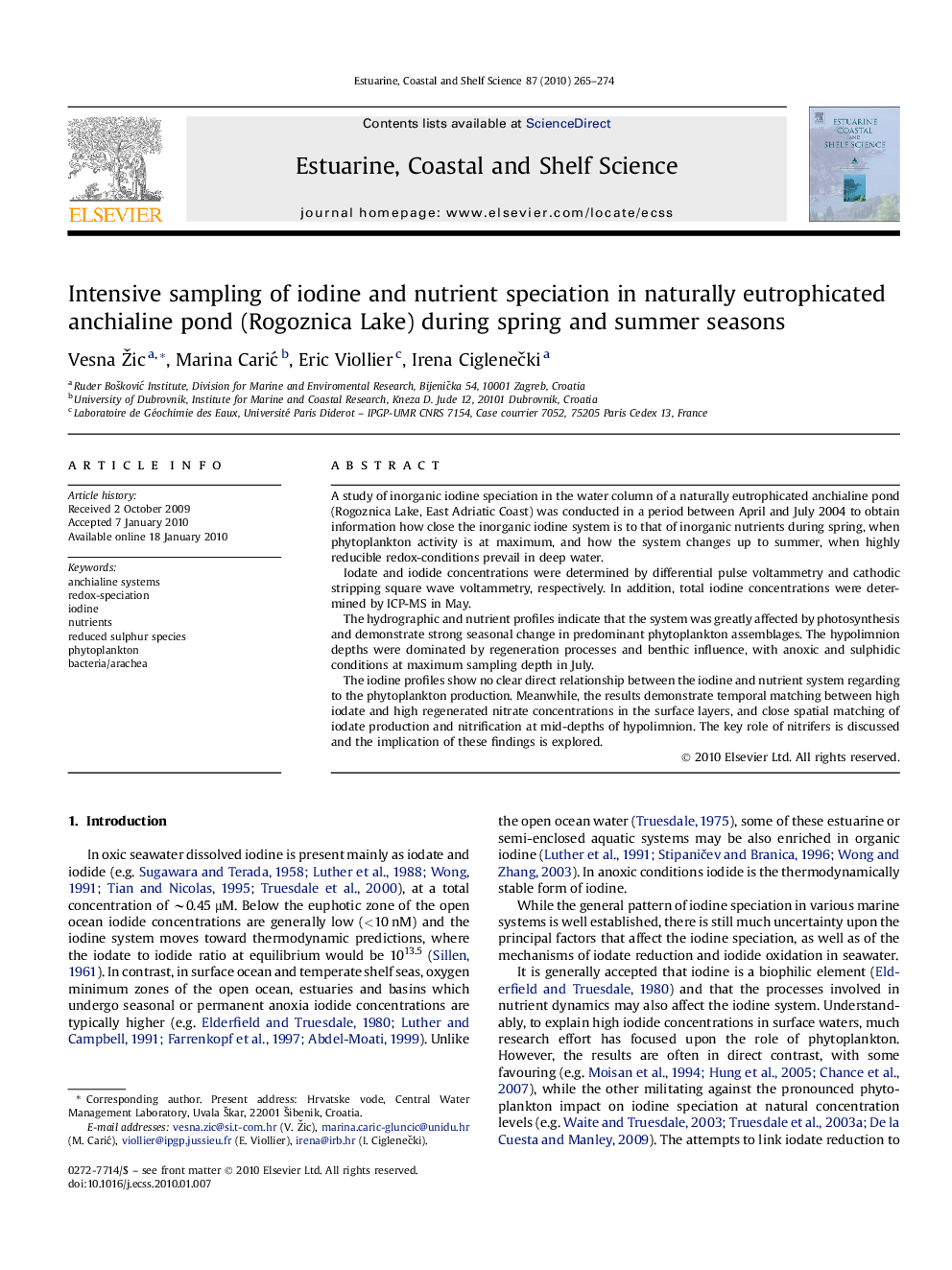 Intensive sampling of iodine and nutrient speciation in naturally eutrophicated anchialine pond (Rogoznica Lake) during spring and summer seasons