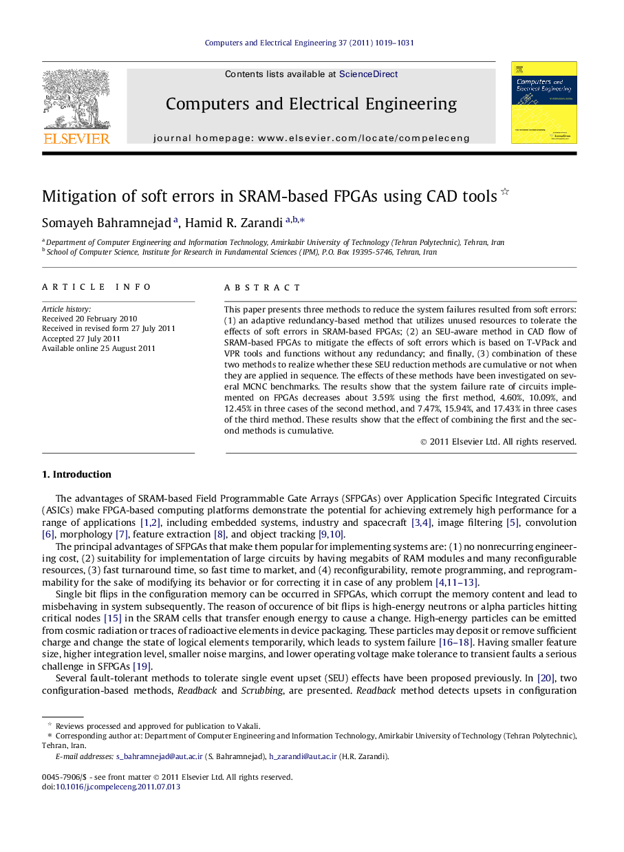 Mitigation of soft errors in SRAM-based FPGAs using CAD tools 