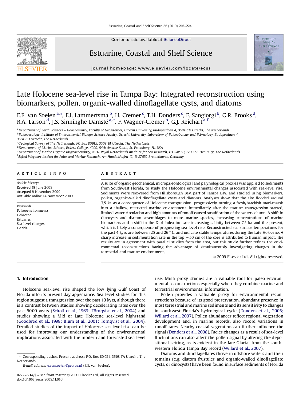 Late Holocene sea-level rise in Tampa Bay: Integrated reconstruction using biomarkers, pollen, organic-walled dinoflagellate cysts, and diatoms