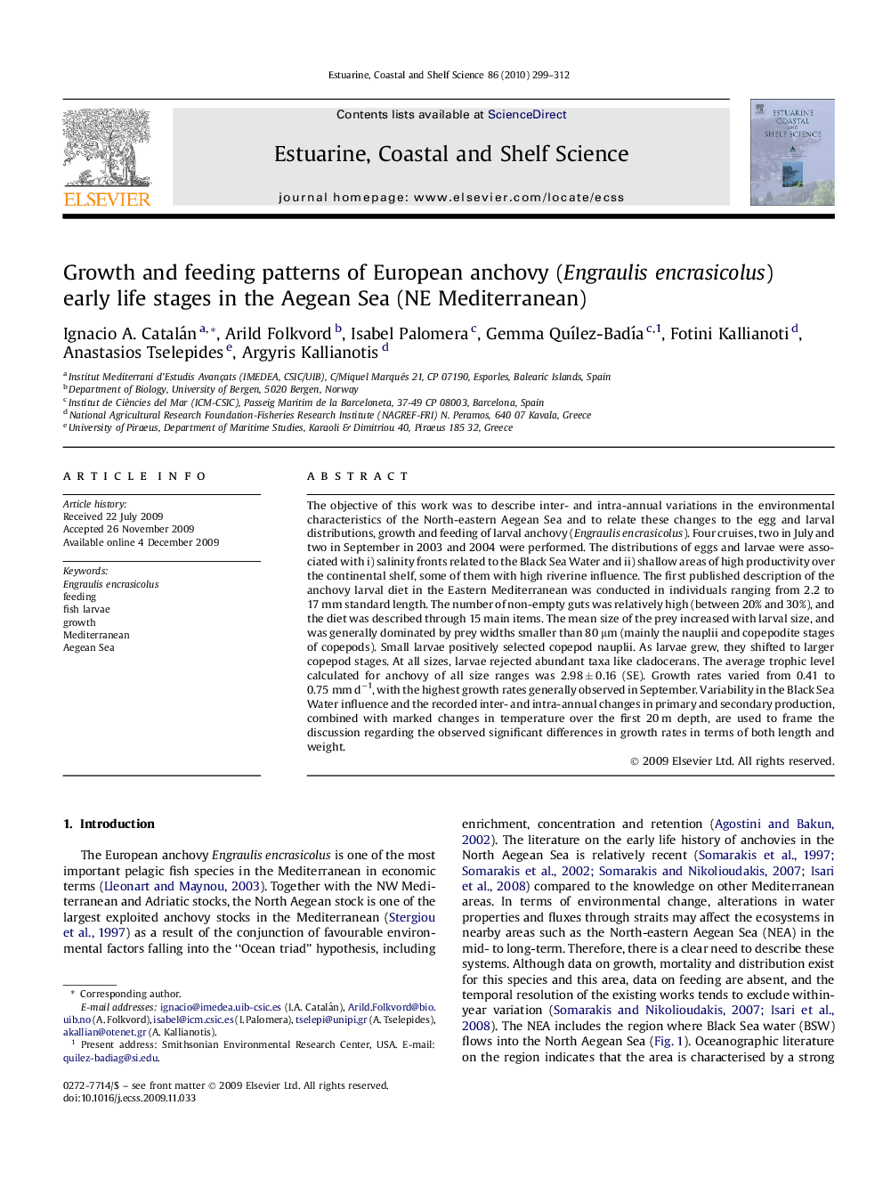 Growth and feeding patterns of European anchovy (Engraulis encrasicolus) early life stages in the Aegean Sea (NE Mediterranean)