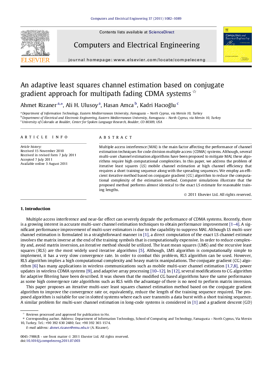 An adaptive least squares channel estimation based on conjugate gradient approach for multipath fading CDMA systems 