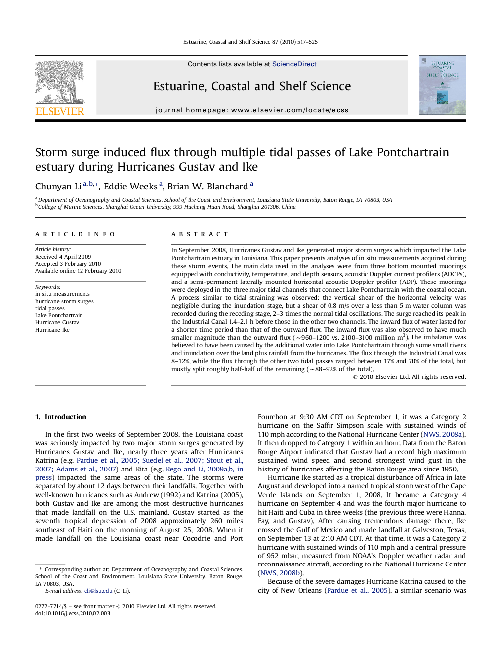 Storm surge induced flux through multiple tidal passes of Lake Pontchartrain estuary during Hurricanes Gustav and Ike