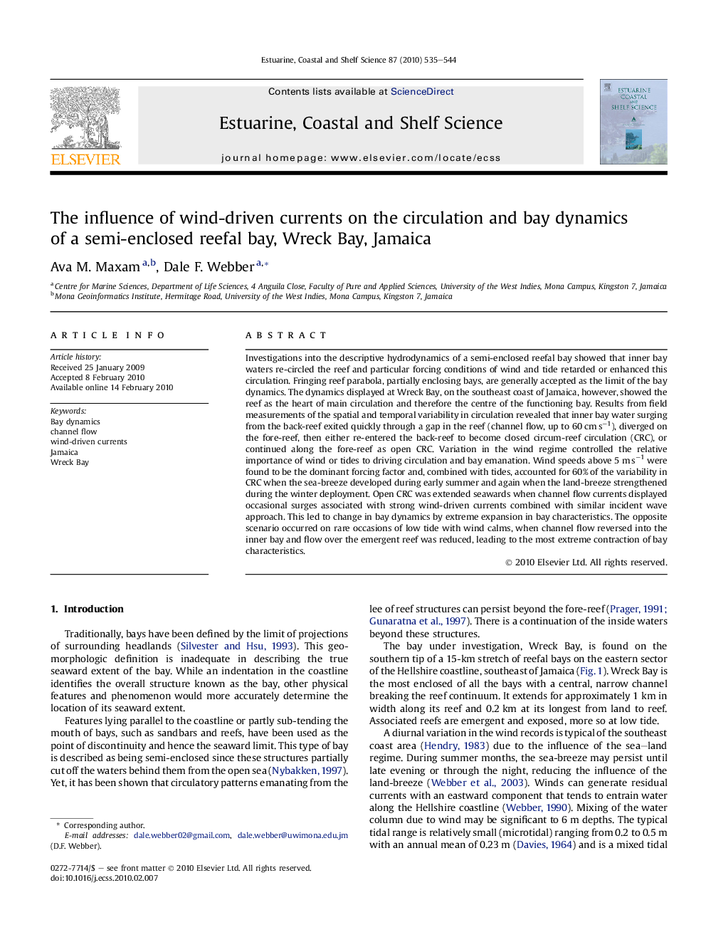 The influence of wind-driven currents on the circulation and bay dynamics of a semi-enclosed reefal bay, Wreck Bay, Jamaica