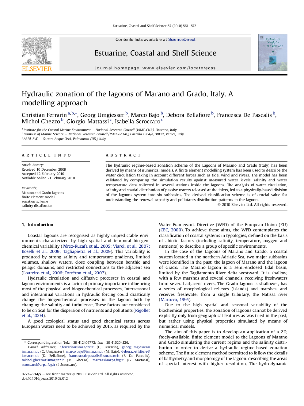 Hydraulic zonation of the lagoons of Marano and Grado, Italy. A modelling approach