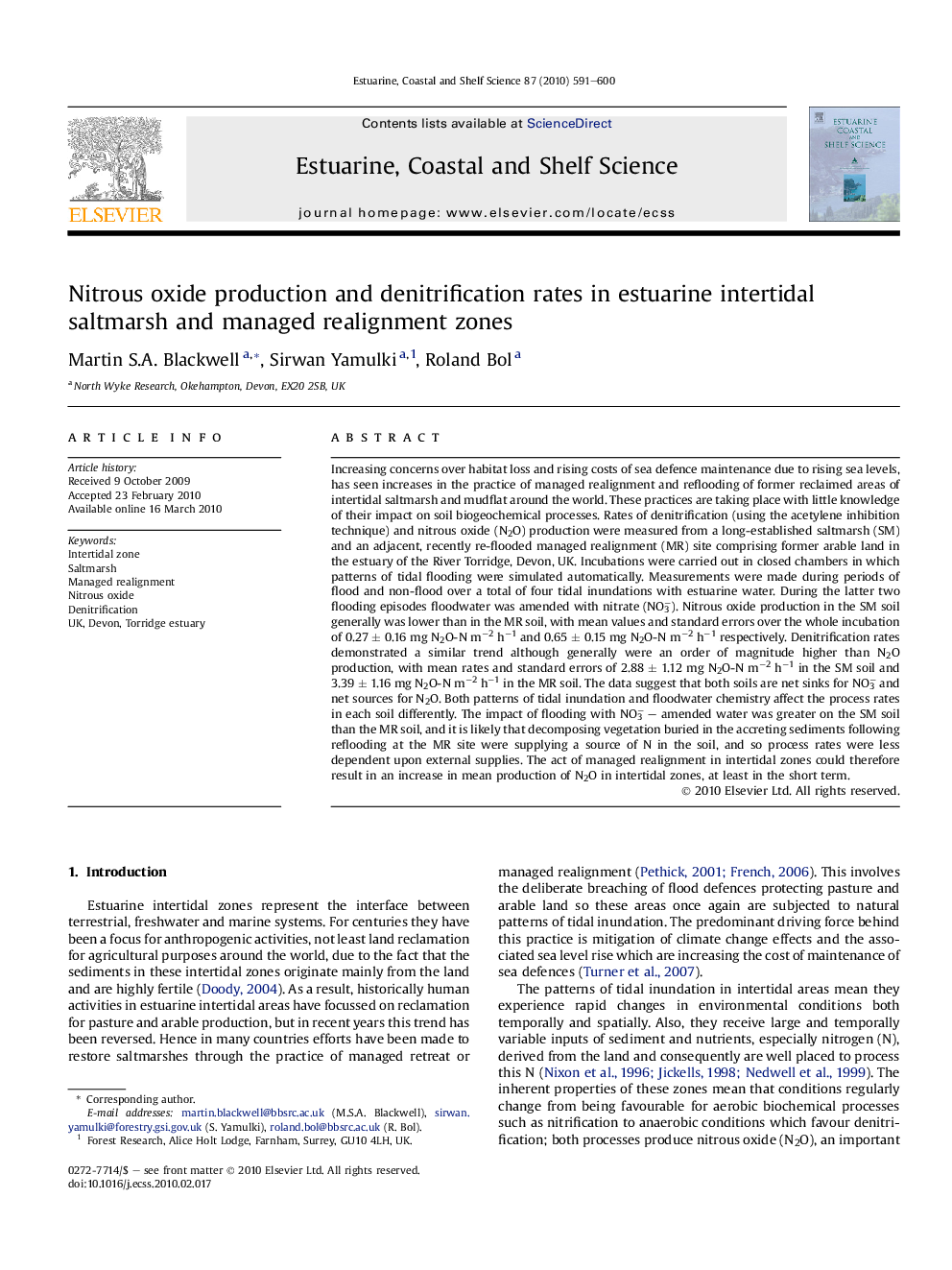 Nitrous oxide production and denitrification rates in estuarine intertidal saltmarsh and managed realignment zones