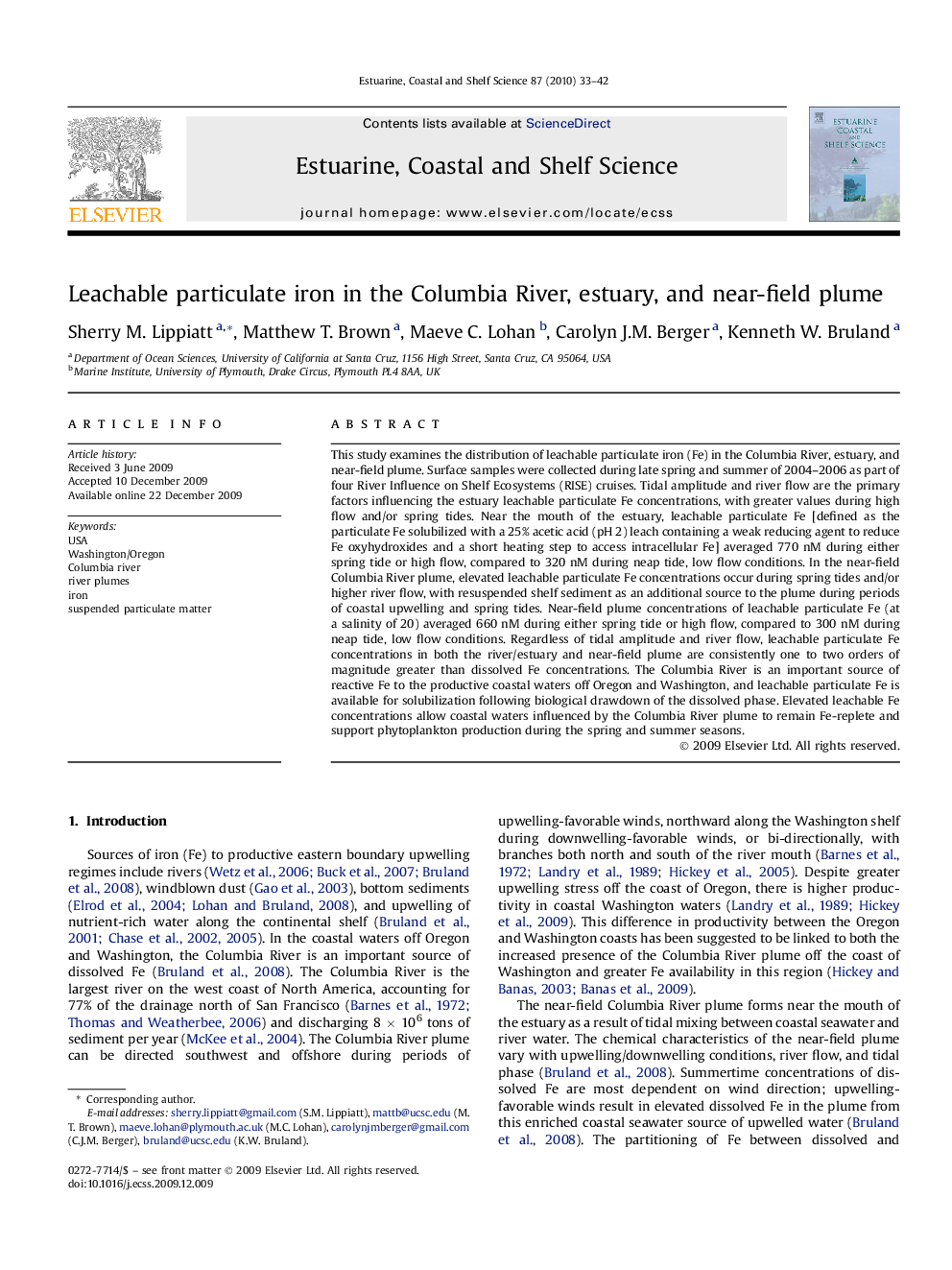 Leachable particulate iron in the Columbia River, estuary, and near-field plume