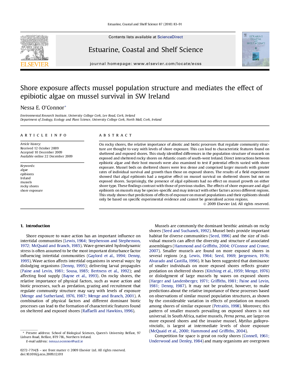 Shore exposure affects mussel population structure and mediates the effect of epibiotic algae on mussel survival in SW Ireland