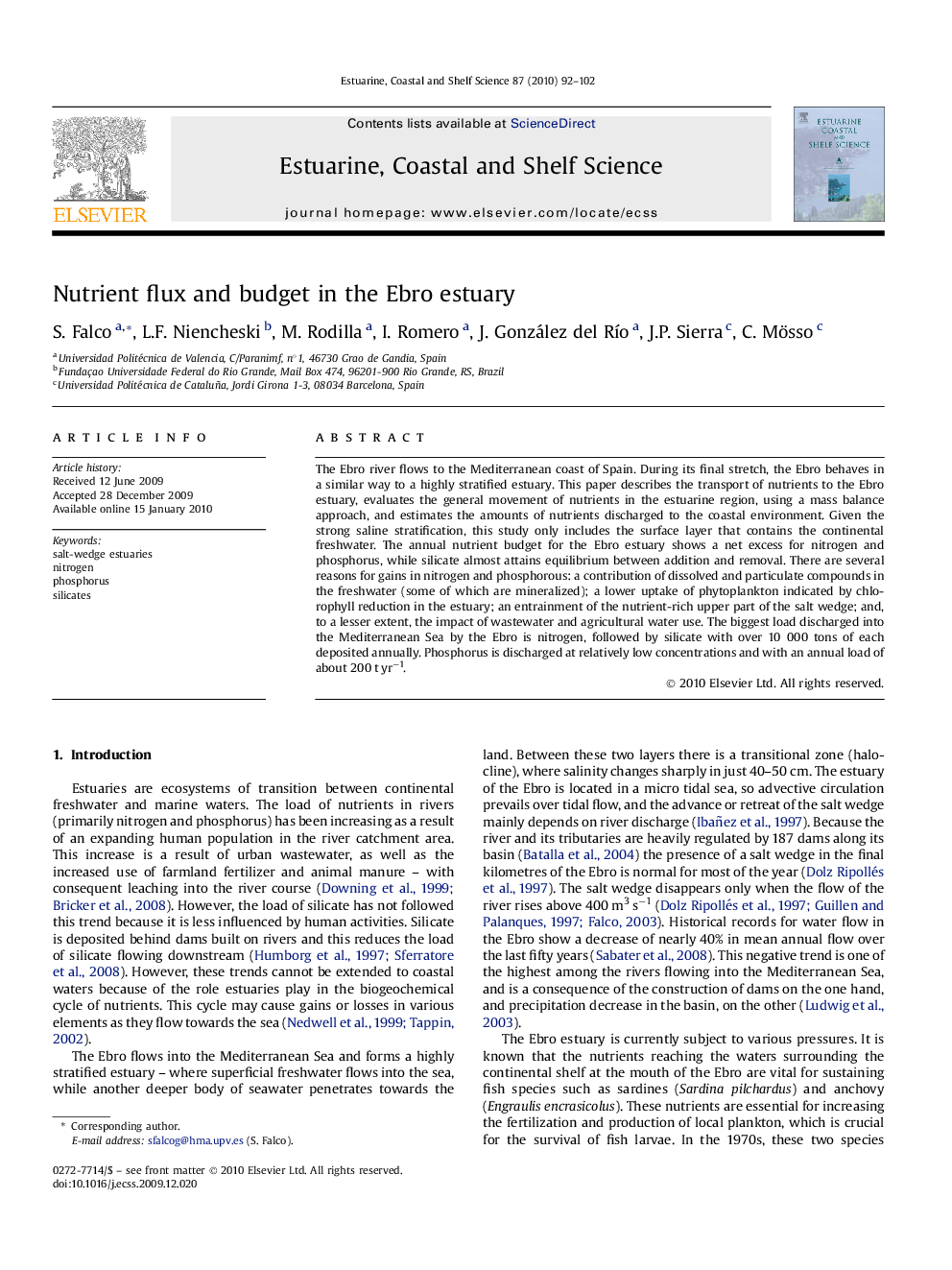 Nutrient flux and budget in the Ebro estuary