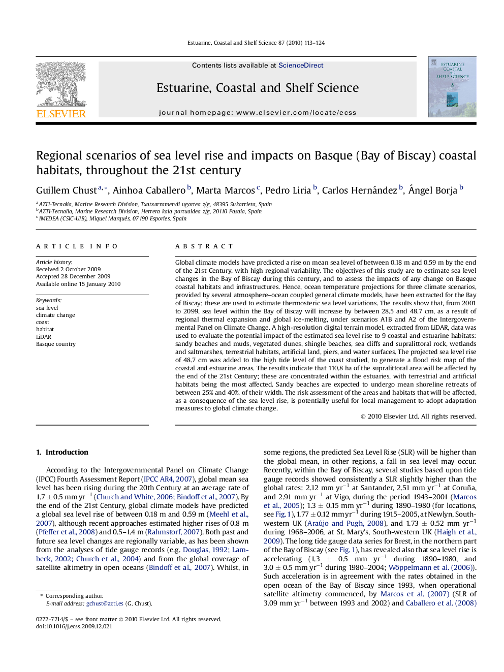 Regional scenarios of sea level rise and impacts on Basque (Bay of Biscay) coastal habitats, throughout the 21st century