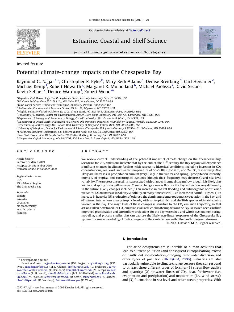 Potential climate-change impacts on the Chesapeake Bay