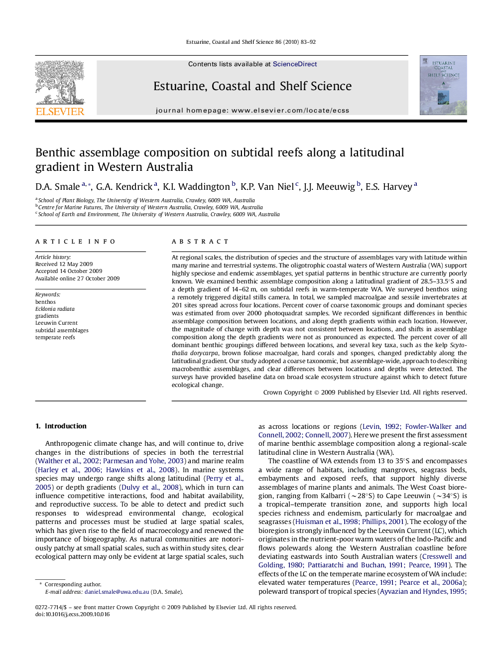 Benthic assemblage composition on subtidal reefs along a latitudinal gradient in Western Australia