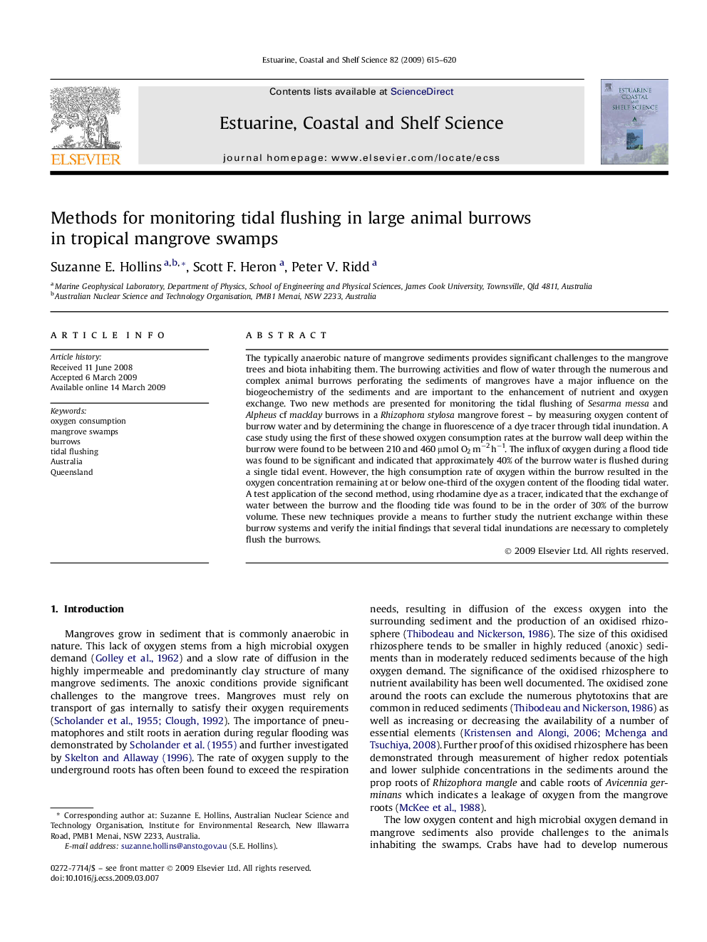 Methods for monitoring tidal flushing in large animal burrows in tropical mangrove swamps