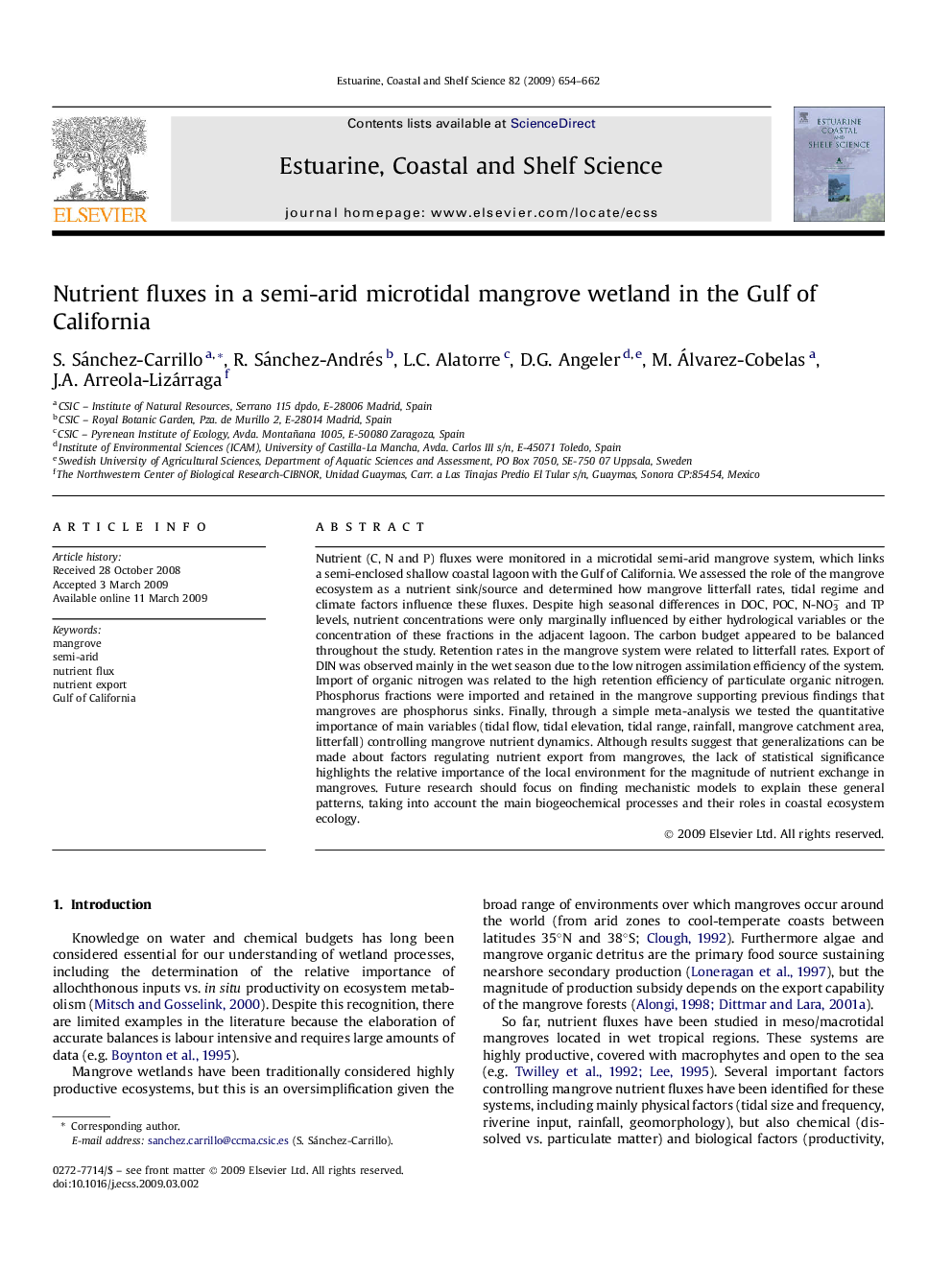 Nutrient fluxes in a semi-arid microtidal mangrove wetland in the Gulf of California