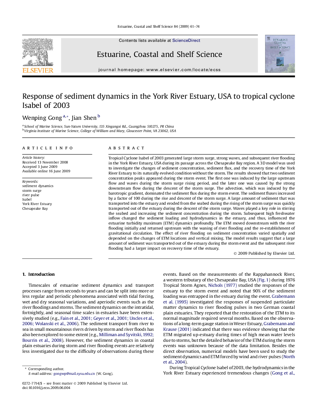 Response of sediment dynamics in the York River Estuary, USA to tropical cyclone Isabel of 2003