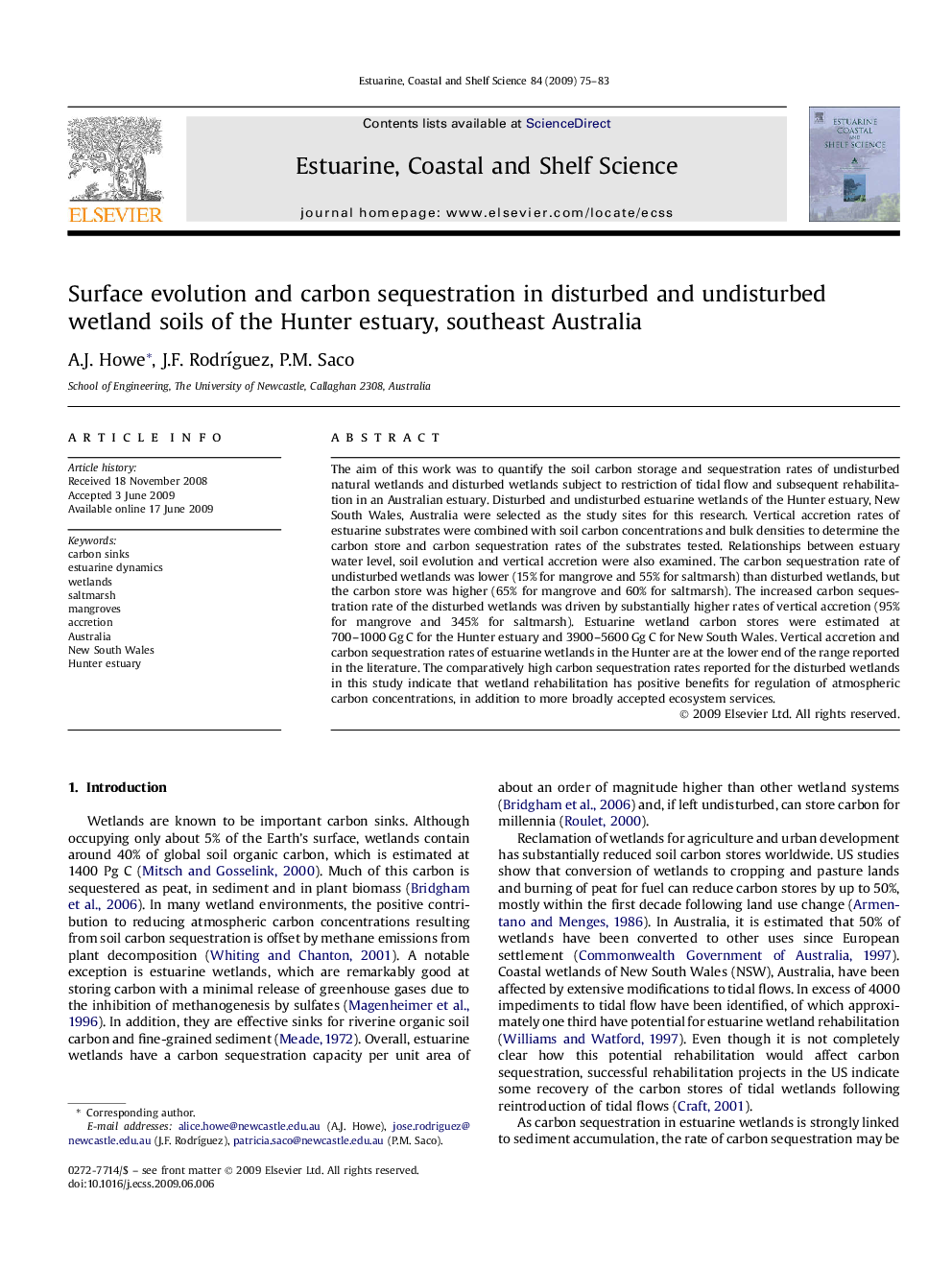 Surface evolution and carbon sequestration in disturbed and undisturbed wetland soils of the Hunter estuary, southeast Australia