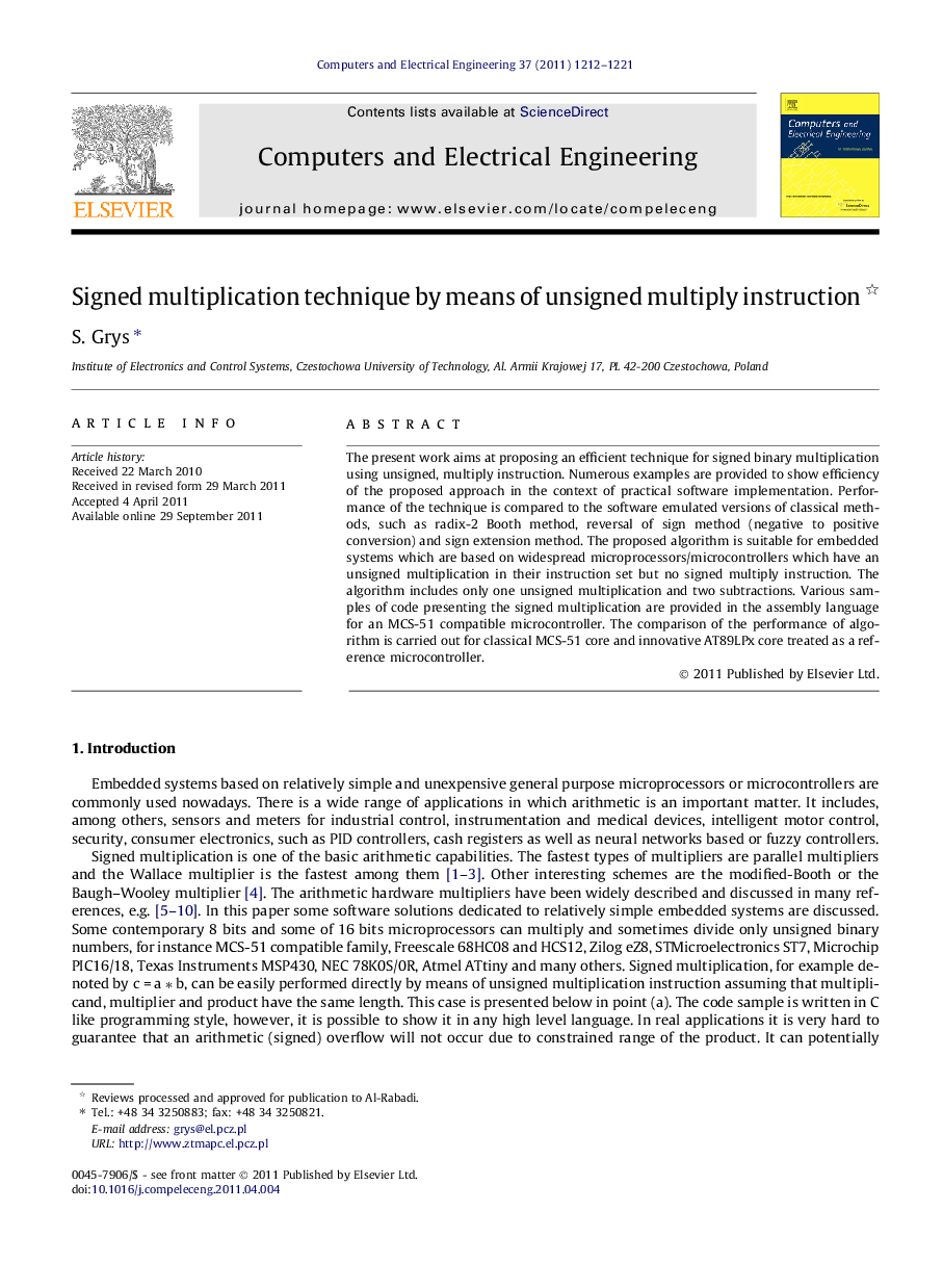 Signed multiplication technique by means of unsigned multiply instruction 