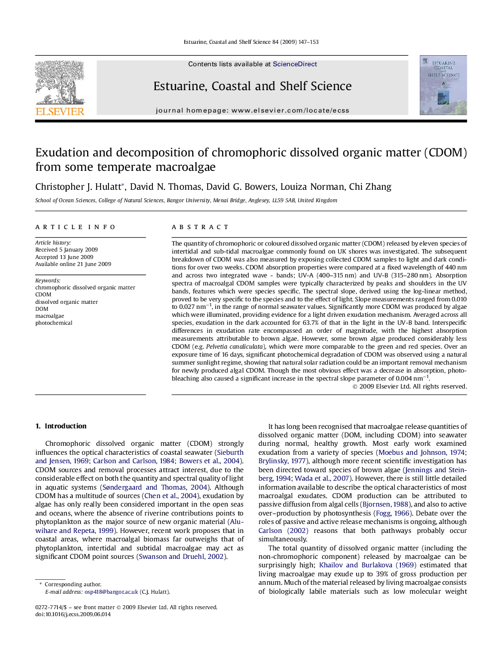 Exudation and decomposition of chromophoric dissolved organic matter (CDOM) from some temperate macroalgae