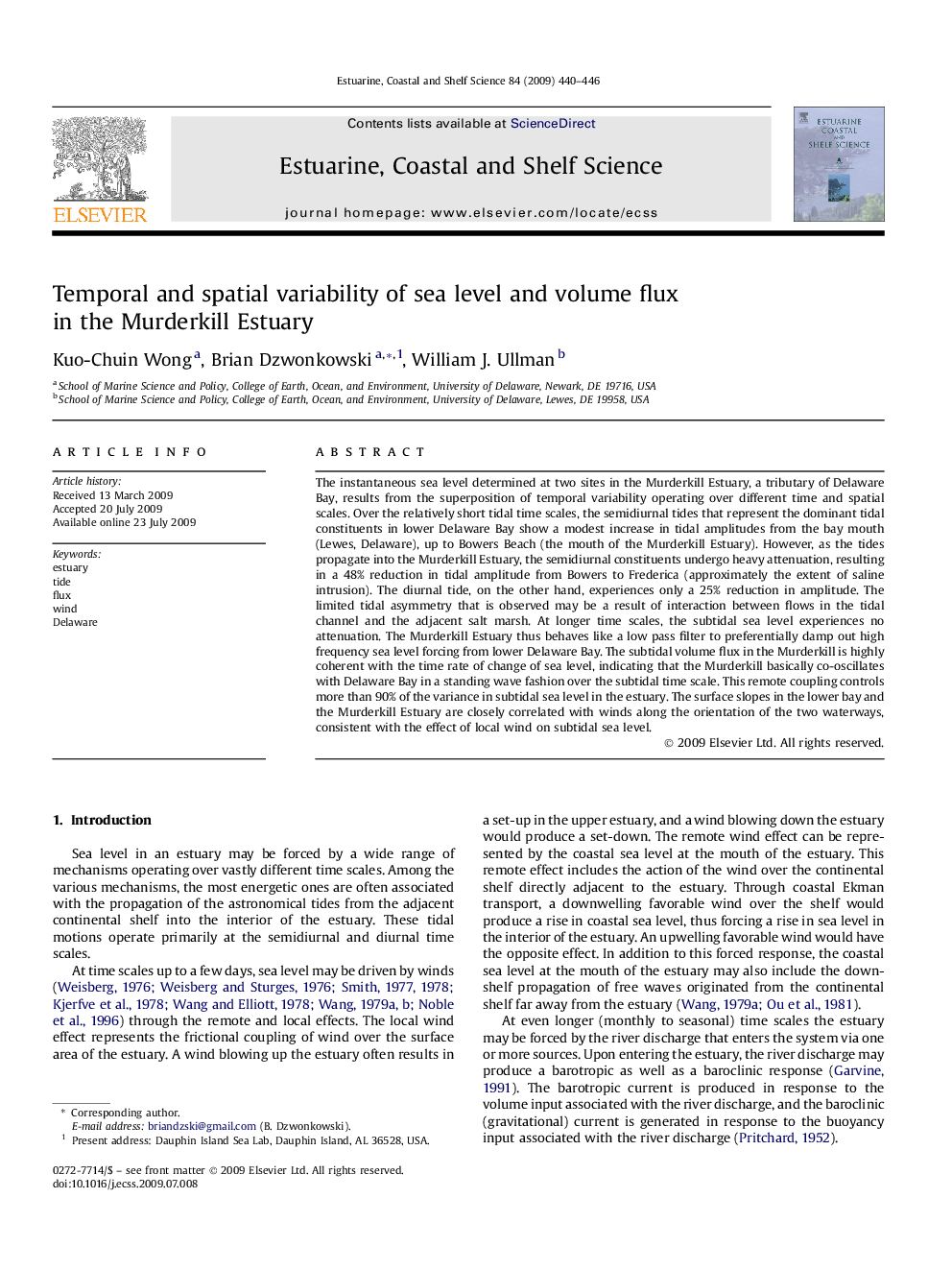 Temporal and spatial variability of sea level and volume flux in the Murderkill Estuary