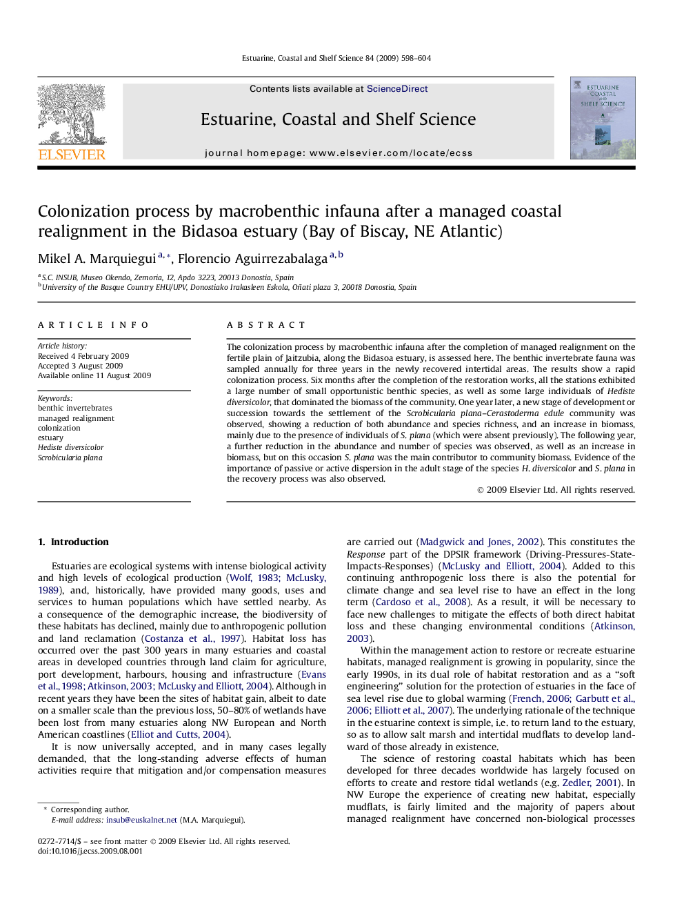 Colonization process by macrobenthic infauna after a managed coastal realignment in the Bidasoa estuary (Bay of Biscay, NE Atlantic)