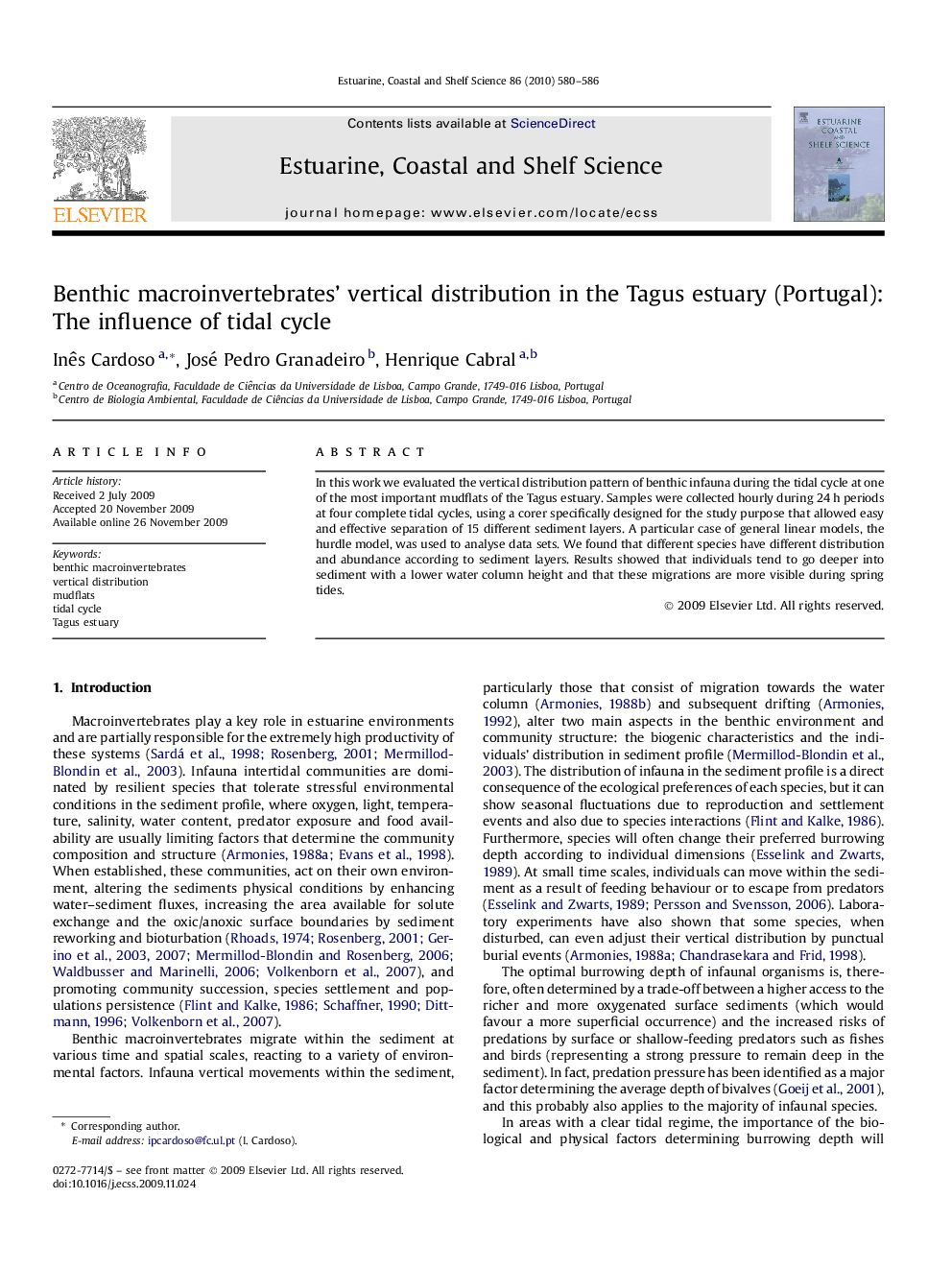 Benthic macroinvertebrates' vertical distribution in the Tagus estuary (Portugal): The influence of tidal cycle