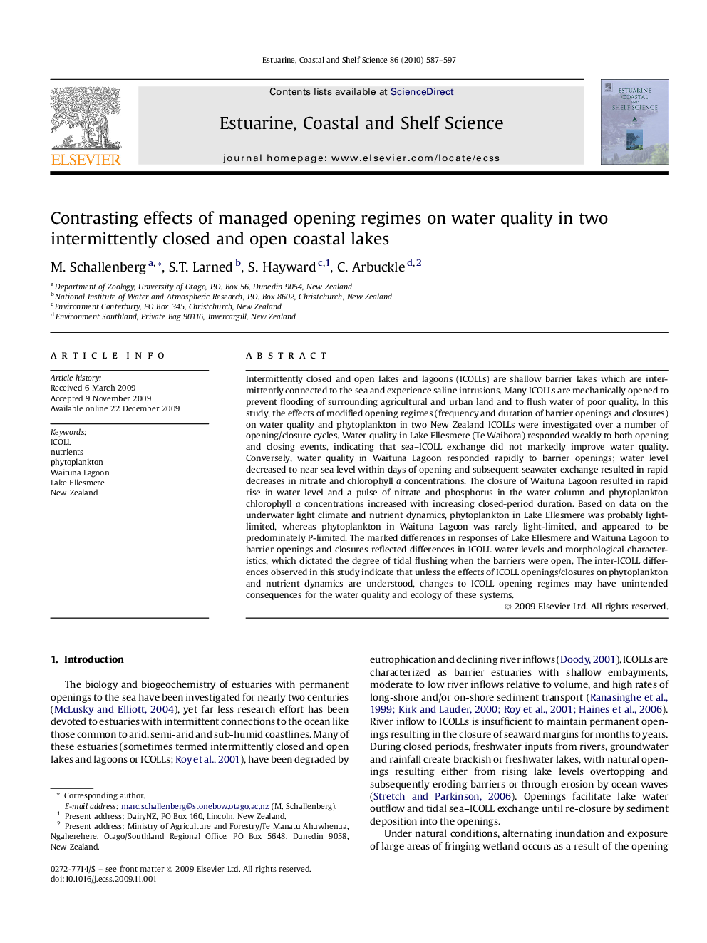 Contrasting effects of managed opening regimes on water quality in two intermittently closed and open coastal lakes