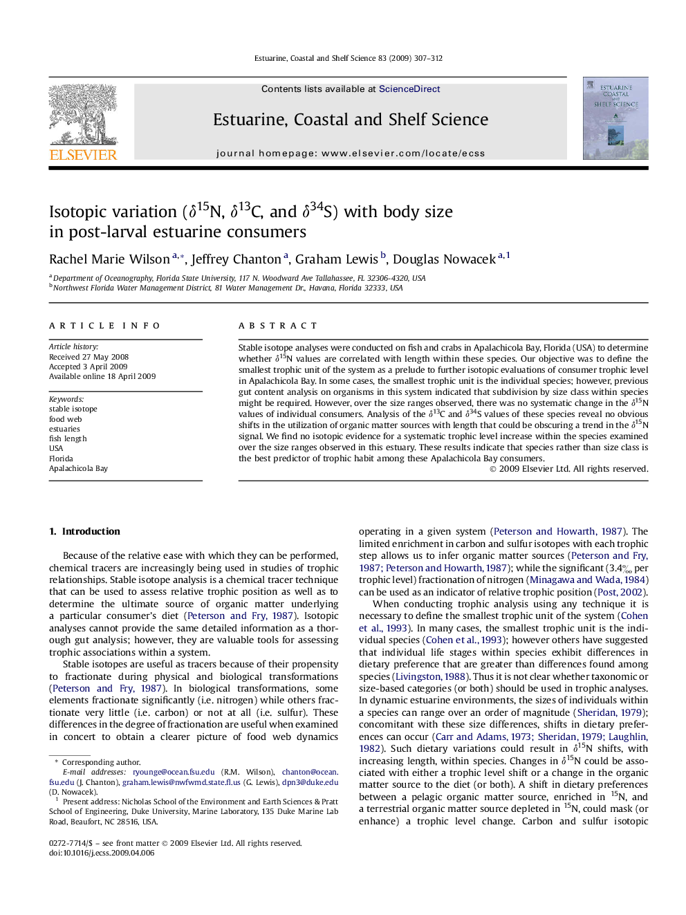 Isotopic variation (δ15N, δ13C, and δ34S) with body size in post-larval estuarine consumers