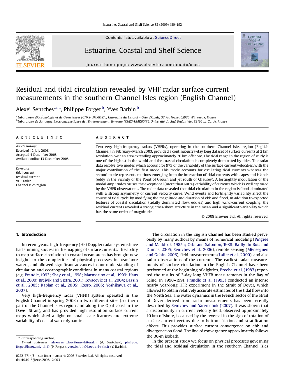 Residual and tidal circulation revealed by VHF radar surface current measurements in the southern Channel Isles region (English Channel)