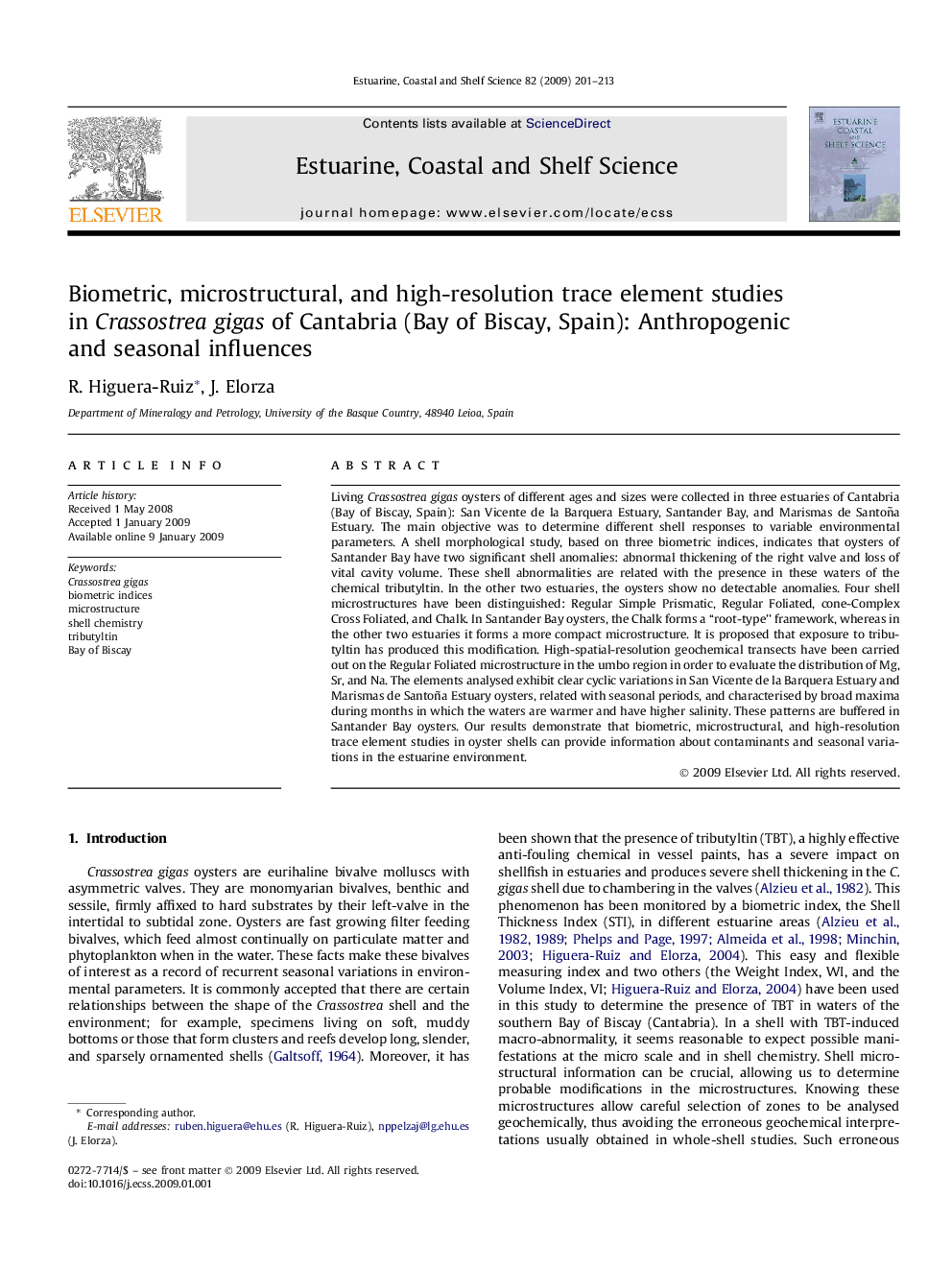 Biometric, microstructural, and high-resolution trace element studies in Crassostrea gigas of Cantabria (Bay of Biscay, Spain): Anthropogenic and seasonal influences