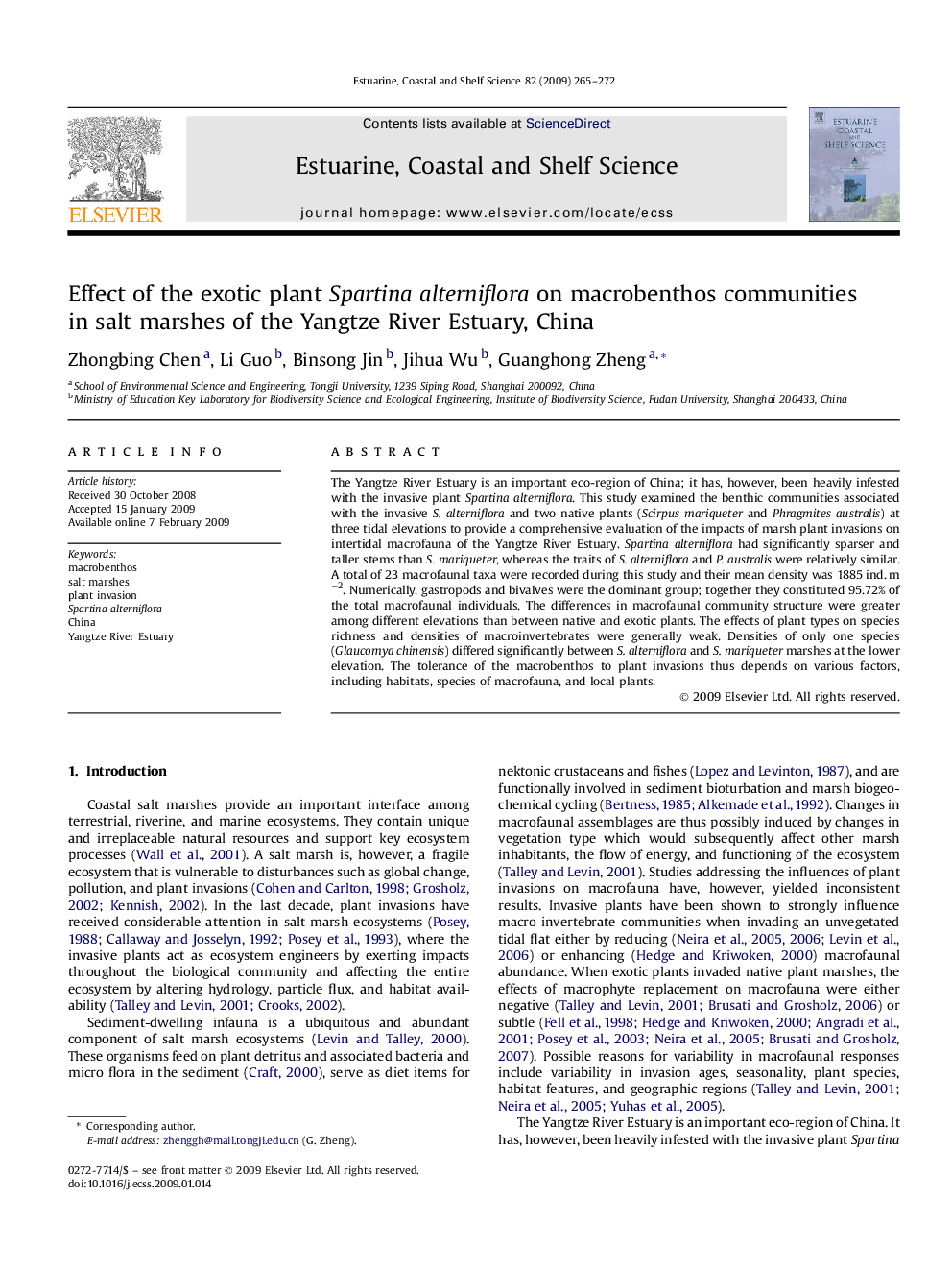 Effect of the exotic plant Spartina alterniflora on macrobenthos communities in salt marshes of the Yangtze River Estuary, China