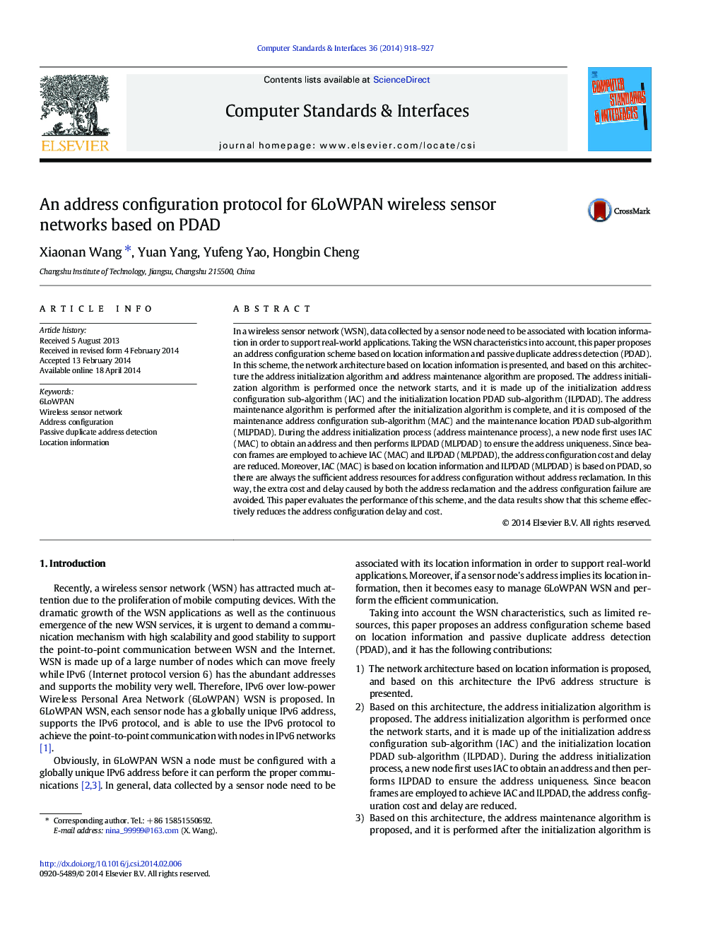 An address configuration protocol for 6LoWPAN wireless sensor networks based on PDAD