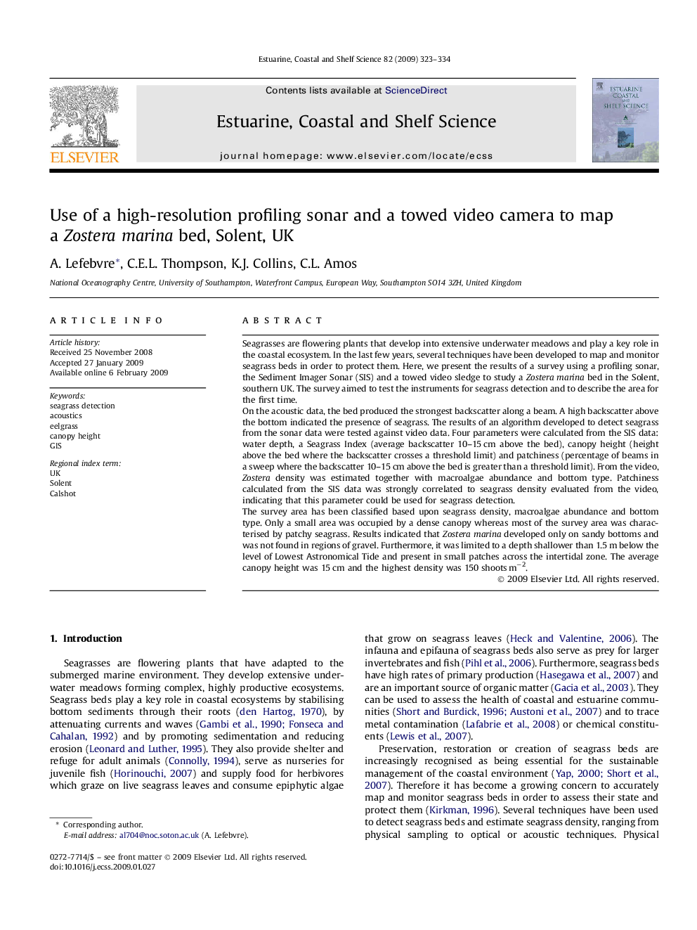 Use of a high-resolution profiling sonar and a towed video camera to map a Zostera marina bed, Solent, UK